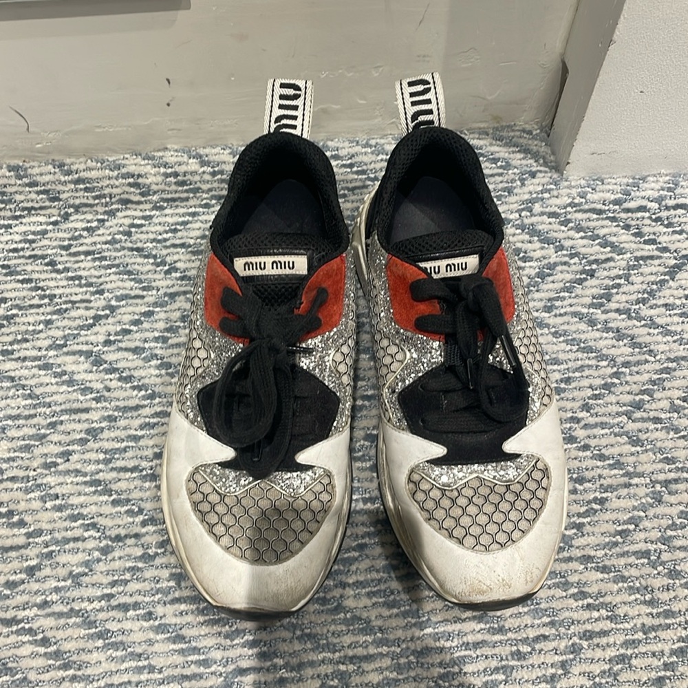 Miu Miu Women’s sneakers size 38 black and white leather and mesh with glitter